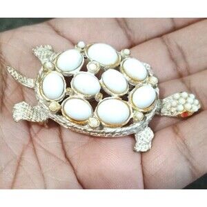 Turtle Milk Glass Cabochon White Enamel Red Rhinestone Eyes Vintage Brooch